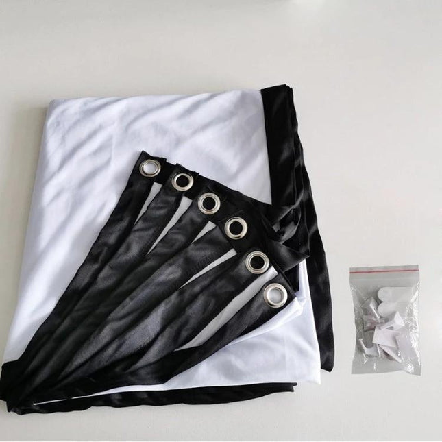 Portable Foldable Polyester Projector Screen for Home and Outdoor Use folded with grommets and mounting hardware for easy transport and setup