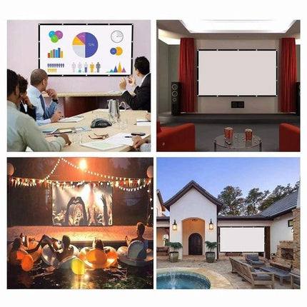 Portable Foldable Polyester Projector Screen for Home and Outdoor Use shown in conference, home theater, outdoor party, and backyard pool settings