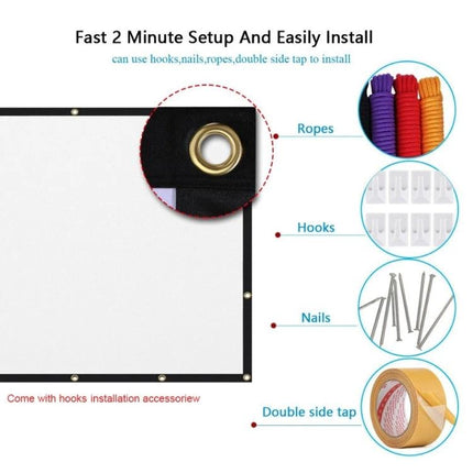 Portable Foldable Polyester Projector Screen for Home and Outdoor Use showing grommet corner, ropes, hooks, nails and double side tape installation accessories