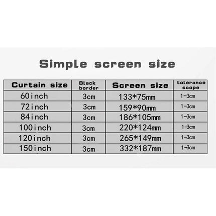 Portable Foldable Polyester Projector Screen for Home and Outdoor Use size chart showing curtain and screen dimensions