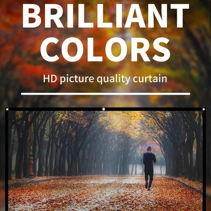 Portable Foldable Polyester Projector Screen for Home and Outdoor Use — outdoor movie screen showing HD image of person walking through autumn tree-lined path