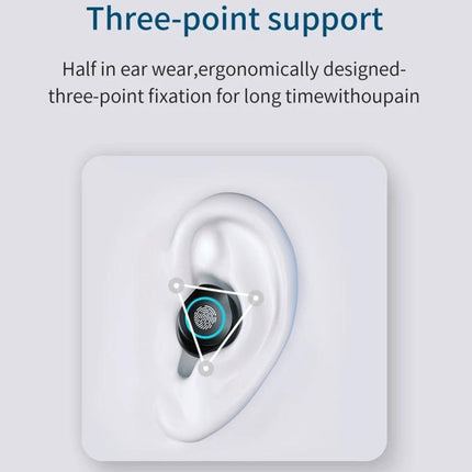 Wireless Earbuds With Charging Case For Commute And Workouts showing ergonomic three-point fit and LED battery case display