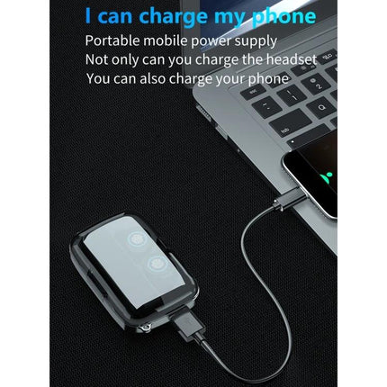 Wireless Earbuds With Charging Case For Commute And Workouts charging case powering phone via USB cable beside laptop