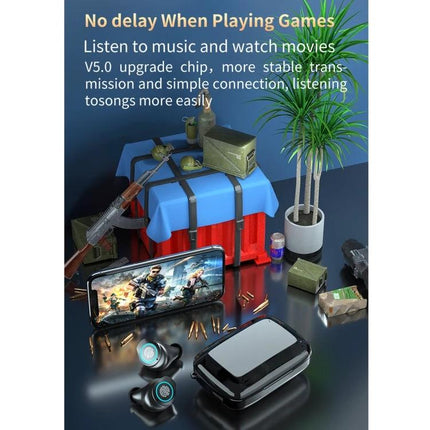 Wireless Earbuds With Charging Case For Commute And Workouts showing M17 earbuds, LED battery case, gaming phone scene