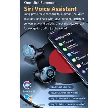 Wireless Earbuds With Charging Case For Commute And Workouts showing earbuds, LED case, phone with Siri voice assistant in use