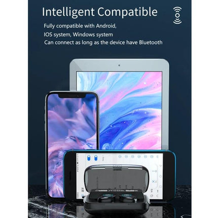 Wireless Earbuds With Charging Case For Commute And Workouts shown with phone tablet compatibility and LED case display
