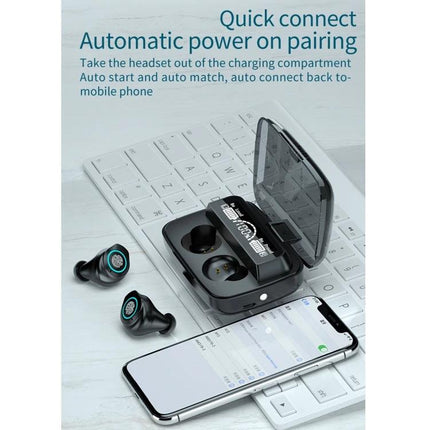 Wireless Earbuds With Charging Case For Commute And Workouts black M17 with LED battery display open case beside phone on keyboard