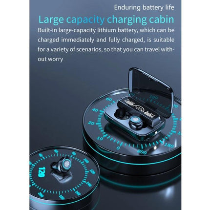 Wireless Earbuds With Charging Case For Commute And Workouts showcasing M17 earbuds in LED battery display charging case