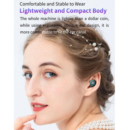 Wireless Earbuds With Charging Case For Commute And Workouts - compact ergonomic M17 earbuds shown in-ear with LED case features