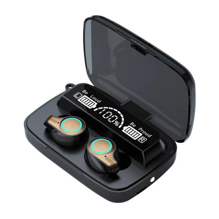 Bluetooth Earbuds With LED Charge Case, Water Resistant - M18 wireless earbuds in open LED display charging case