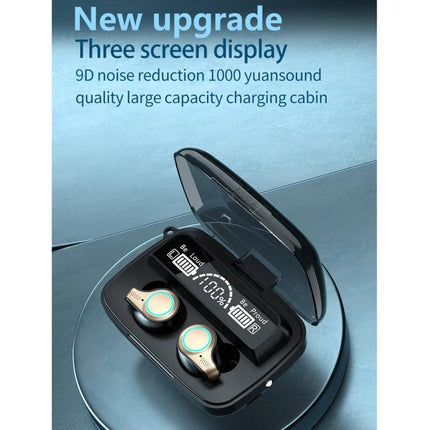 Bluetooth Earbuds With LED Charge Case, Water Resistant showing M18 earbuds in open LED display charging case