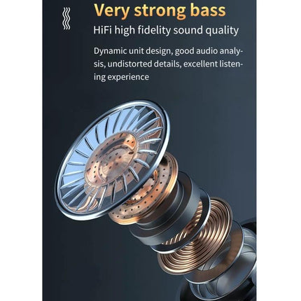 Bluetooth Earbuds With LED Charge Case, Water Resistant showing exploded driver components highlighting very strong bass and HiFi sound
