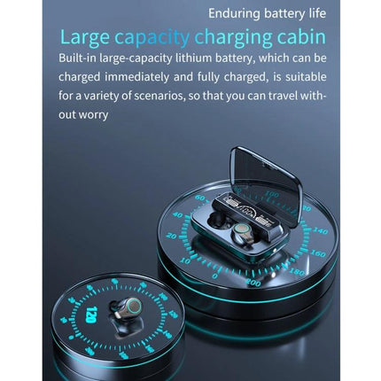 Bluetooth Earbuds With LED Charge Case, Water Resistant showing LED display case and earbuds with IPX7 sweat protection