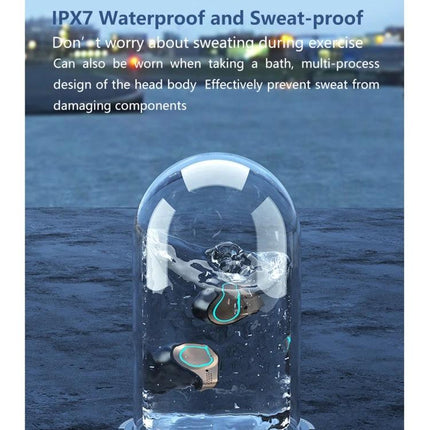 Bluetooth Earbuds With LED Charge Case, Water Resistant shown submerged demonstrating IPX7 waterproof sweat‑proof design