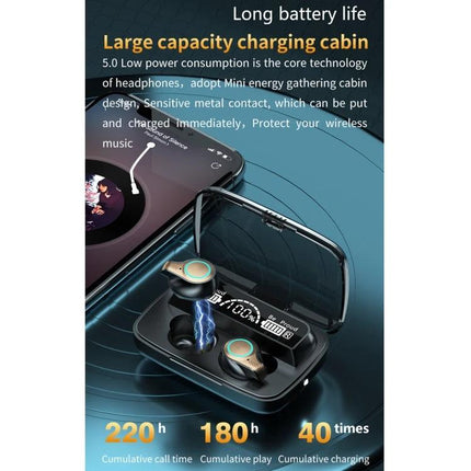 Bluetooth Earbuds With LED Charge Case, Water Resistant showing M18 earbuds in charging case with LED battery display