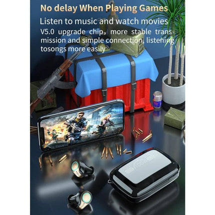 Bluetooth Earbuds With LED Charge Case, Water Resistant showing earbuds, LED case and phone gaming setup