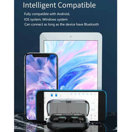 Bluetooth Earbuds With LED Charge Case, Water Resistant shown with phone tablet laptop, IPX7 sweat-proof commuting earbuds