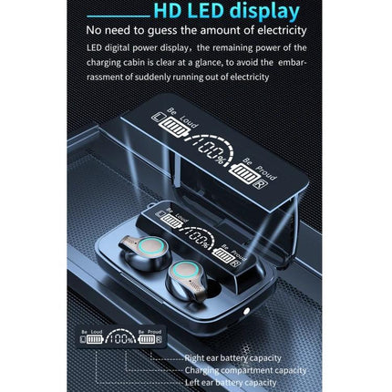 Bluetooth Earbuds With LED Charge Case, Water Resistant showing open charging case with HD LED battery display and earbuds