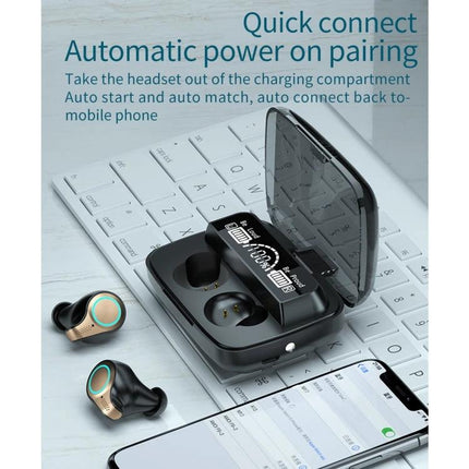 Bluetooth Earbuds With LED Charge Case, Water Resistant shown with open LED-charge case on keyboard and phone