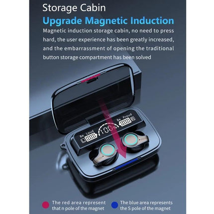 Bluetooth Earbuds With LED Charge Case, Water Resistant M18 wireless earbuds in magnetic LED-charge case showing battery display