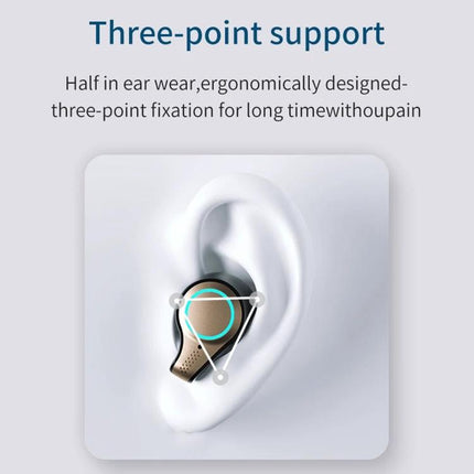 Bluetooth Earbuds With LED Charge Case, Water Resistant showing ergonomic three-point support in ear for secure fit