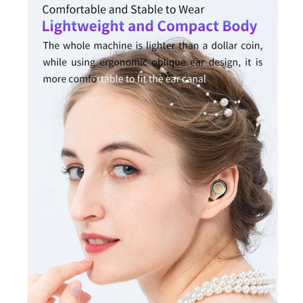Bluetooth Earbuds With LED Charge Case, Water Resistant worn by woman showing lightweight compact ergonomic fit and IPX7 protection