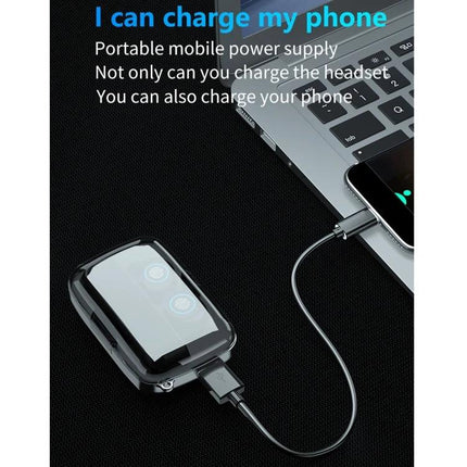 Bluetooth Earbuds With LED Charge Case, Water Resistant shown charging phone from laptop with LED battery display and cable