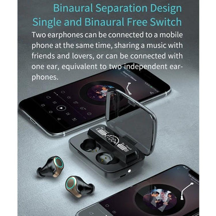 Bluetooth Earbuds With LED Charge Case, Water Resistant showing open LED display charging case and two earbuds by phones