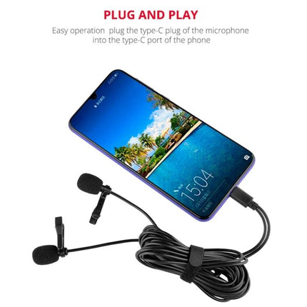 YELANGU Lavalier Microphone for Daily Interviews and Recordings showing plug-and-play Type-C connection to smartphone with dual clip-on mics