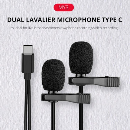 Alt Tag: YELANGU Lavalier Microphone for Daily Interviews and Recordings dual lavalier Type-C with foam windscreens and secure clips for interviews and recordings