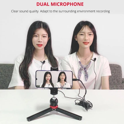 YELANGU Lavalier Microphone for Daily Interviews and Recordings two women wearing clip-on mics recording with smartphone on mini tripod