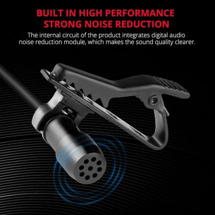 YELANGU Lavalier Microphone for Daily Interviews and Recordings professional lapel mic clipped to clothing showing noise reduction feature