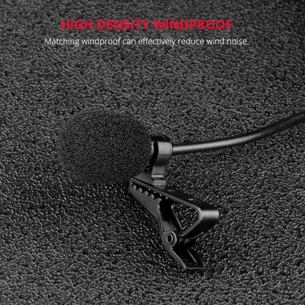YELANGU Lavalier Microphone for Daily Interviews and Recordings - close-up of clip-on lavalier with windproof foam and secure clothing clip
