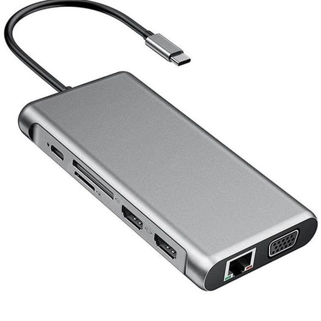 USB-C 12-in-1 Docking Station for Laptops and PCs in aluminum alloy with multiple ports for external drives, HDMI, Ethernet, USB and SD card