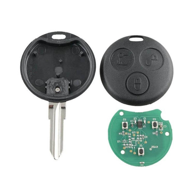 Replacement Car Key for Mercedes-Benz Smart with 3 Buttons showing key shell, buttons, and circuit board
