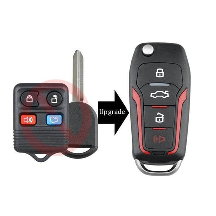 Replacement Folding Car Key for Ford Vehicles with 4 Buttons showing old vs upgraded remote for lock unlock trunk and panic