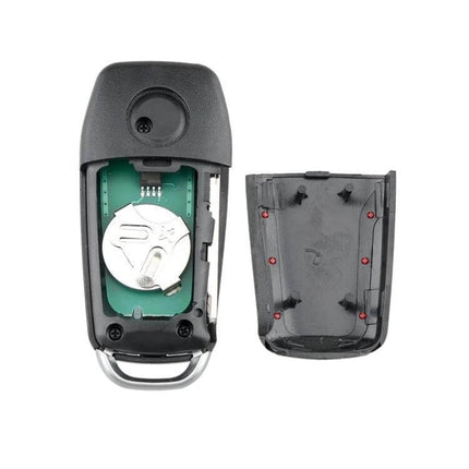 Replacement Folding Car Key for Ford Vehicles with 4 Buttons showing open case, battery and internal circuit for replacement remote