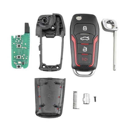 Replacement Folding Car Key for Ford Vehicles with 4 Buttons - disassembled key fob components showing PCB, shell, blade and spring