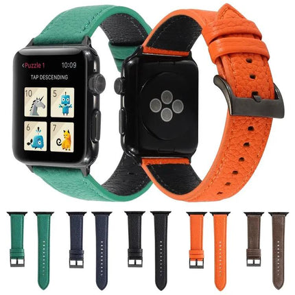 Litchi Texture Genuine Leather Watch Band For Apple Watch