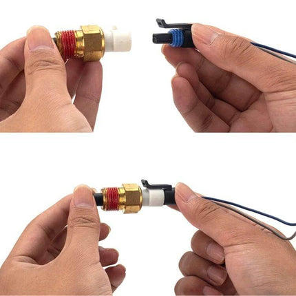 GM Car Intake Air Temperature Sensor With Wiring Harness shown held in hands with connector and ABS metal sensor ready for installation