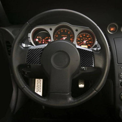 Carbon Fiber Steering Wheel Decorative Sticker for Nissan 350Z 2006-2009 installed on black steering wheel showcasing carbon fiber accents and easy-fit design