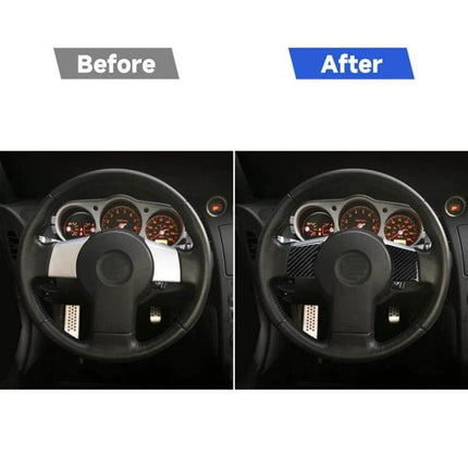 Carbon Fiber Steering Wheel Decorative Sticker for Nissan 350Z 2006-2009 before and after interior upgrade showing easy peel-and-stick application