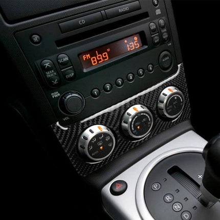 Carbon Fiber Decorative Sticker for Nissan 350z Console installed on 2006-2009 center console showing carbon fiber look around climate controls