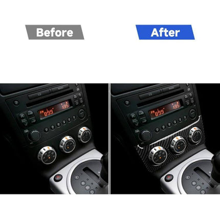 Carbon Fiber Decorative Sticker for Nissan 350z Console shown before and after installation on 2006-2009 center console