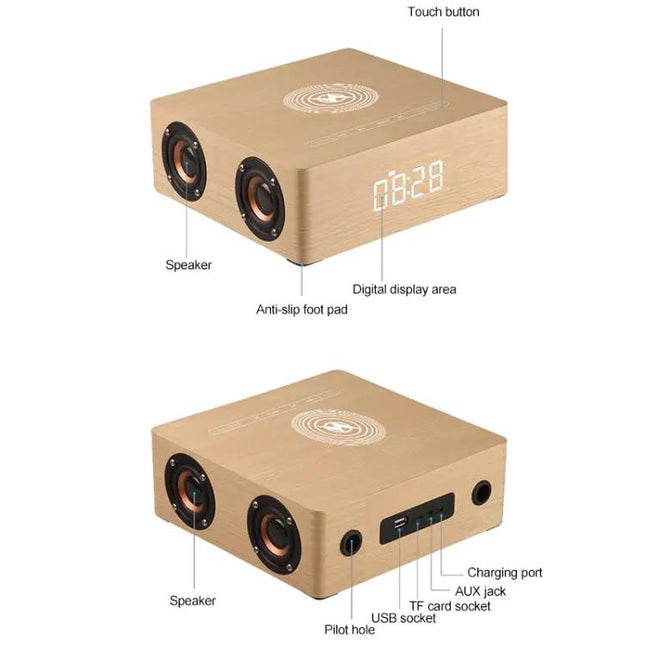 Q5A Wooden Bluetooth Speaker With Clock Wireless Charger | Syndmart