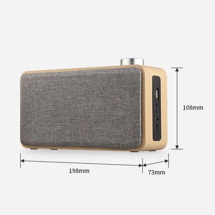Compact Bluetooth Speaker For Home And Travel With Portable Design, wood finish, fabric grille, knob and ports, 198x73x108mm
