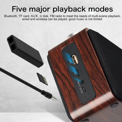 Compact Bluetooth Speaker For Home And Travel With Portable Design showing wood finish, USB, TF card slot, AUX and FM playback modes