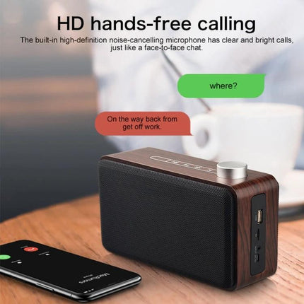Compact Bluetooth Speaker For Home And Travel With Portable Design showing wood finish, metal tuning knob and phone call scene
