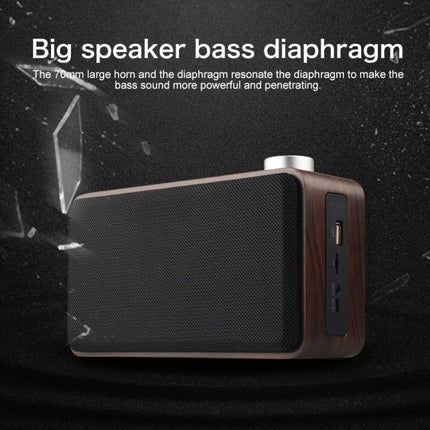 Compact Bluetooth Speaker For Home And Travel With Portable Design showing wood-grain housing, metal tuning knob and front grille