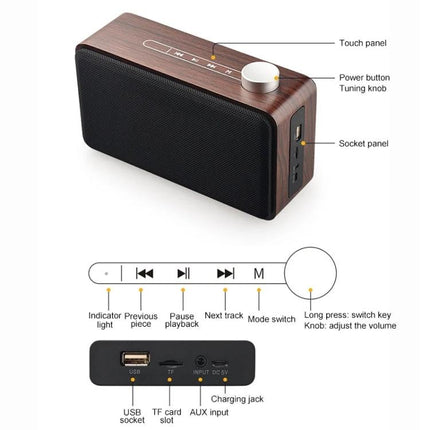 Compact Bluetooth Speaker For Home And Travel With Portable Design wooden finish, metal tuning knob and touch controls